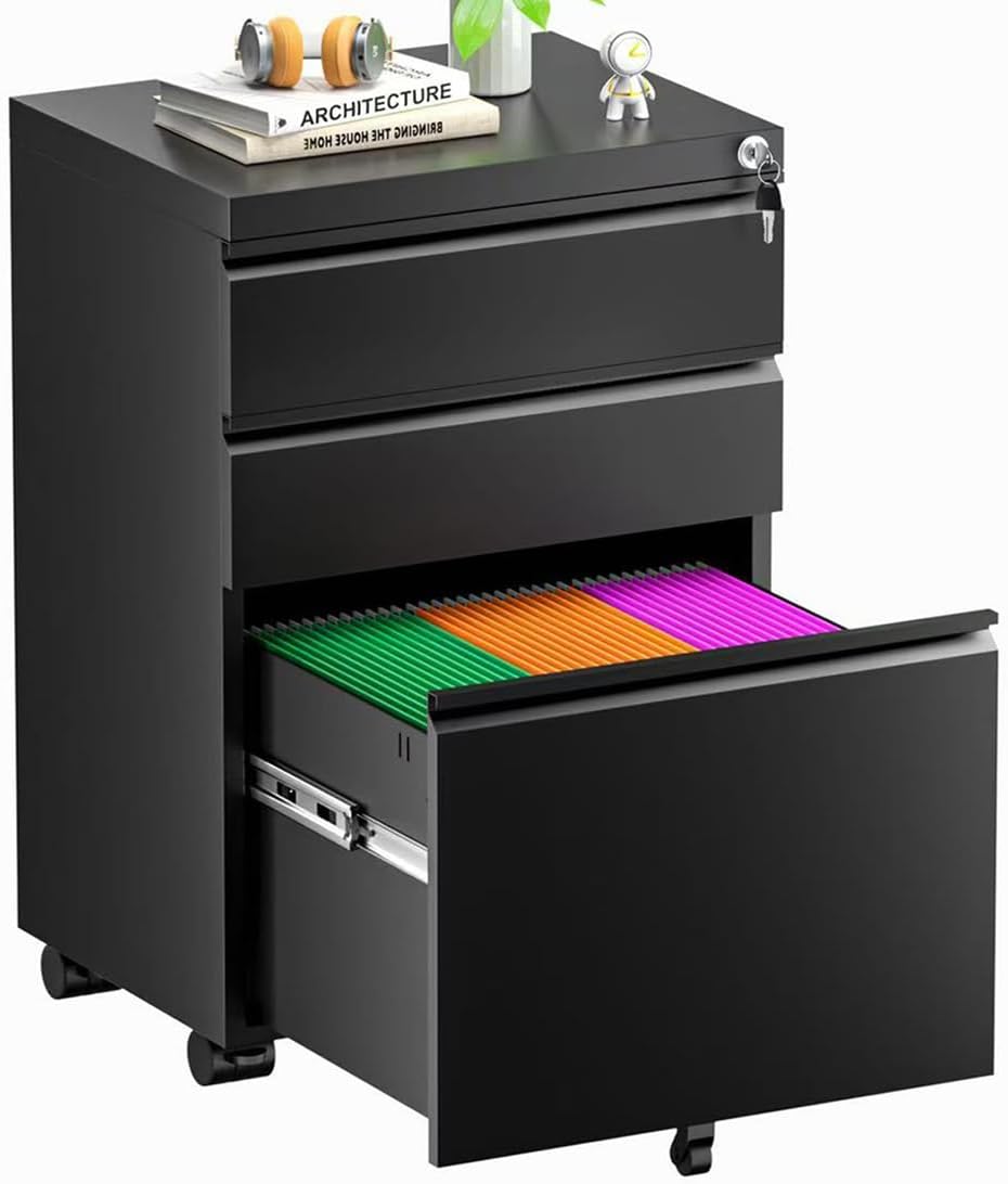 Black 3-Drawer Metal Rolling File Cabinet