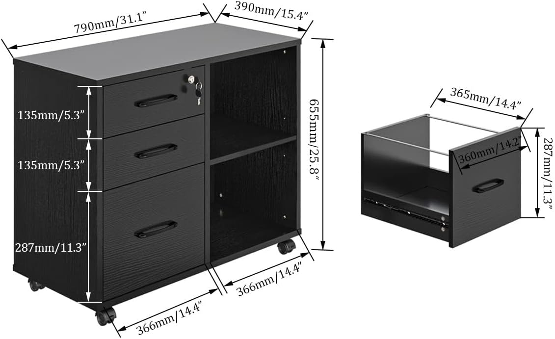 Black 3-Drawer Rolling Lateral File Cabinet