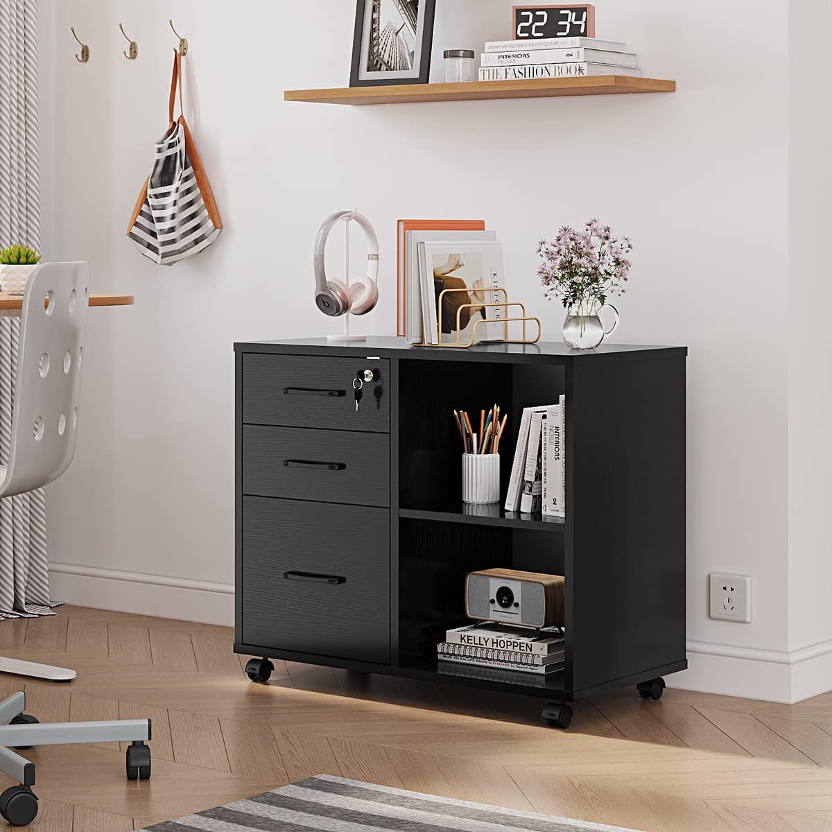 Black 3-Drawer Rolling Lateral File Cabinet