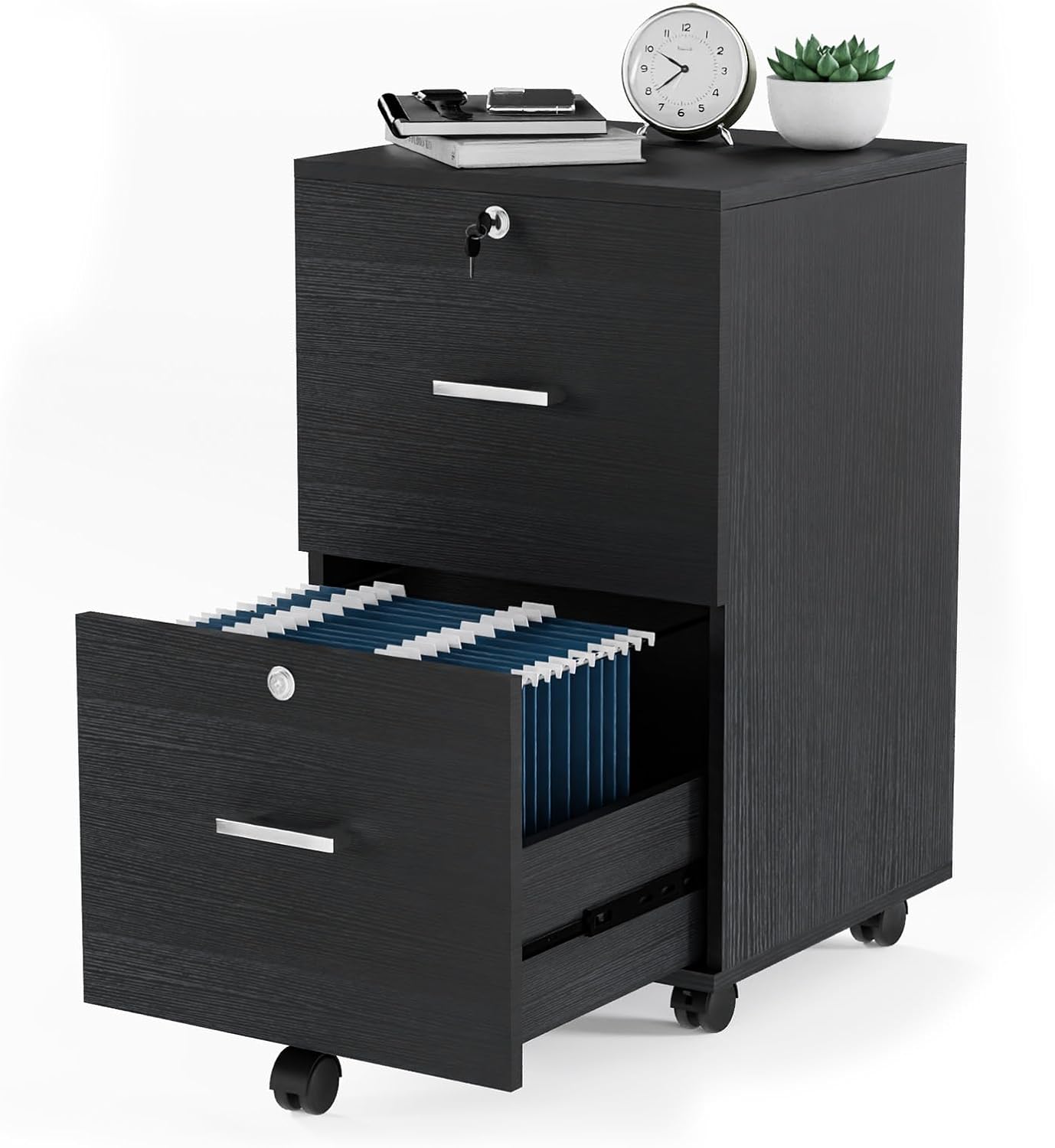Black 2-Drawer Locking Rolling File Cabinet