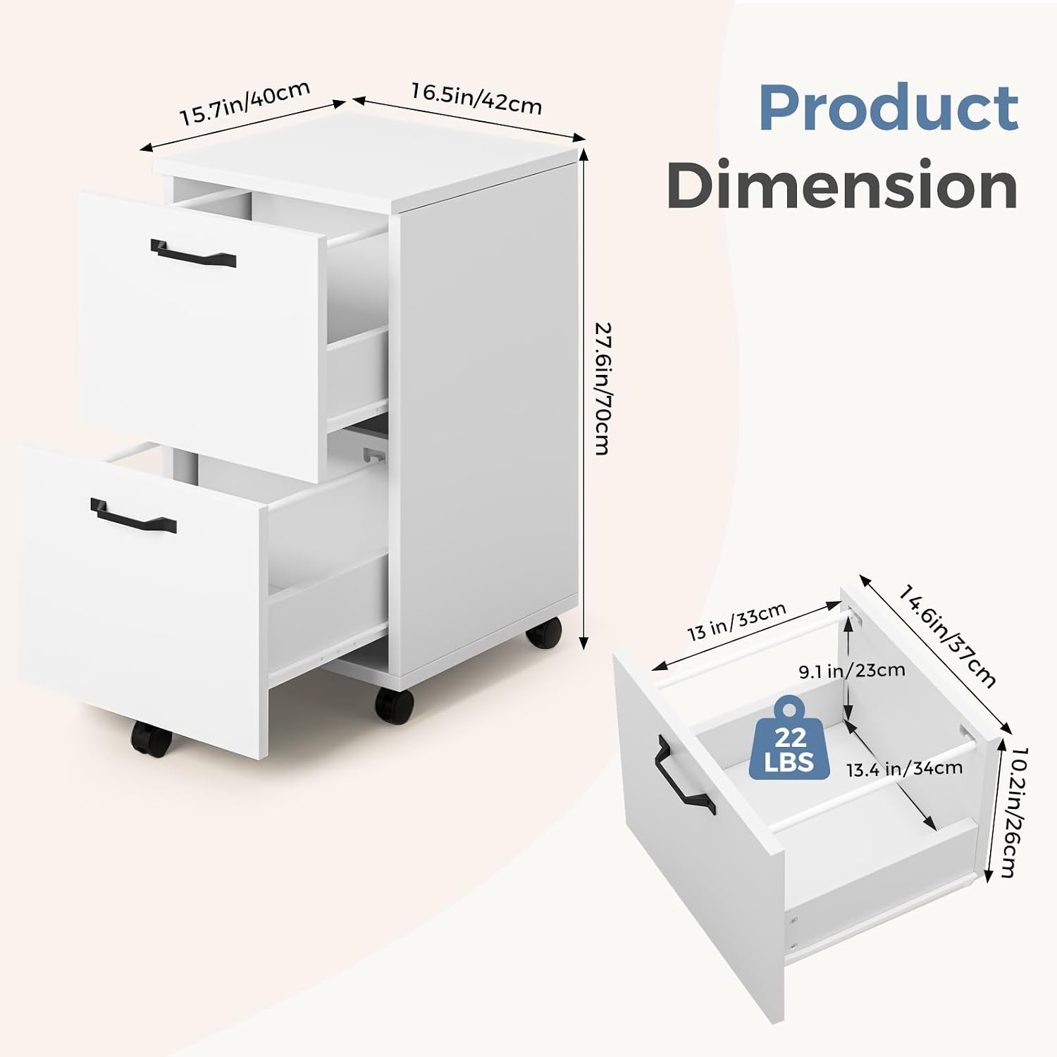 White 2-Drawer Rolling Wood File Cabinet