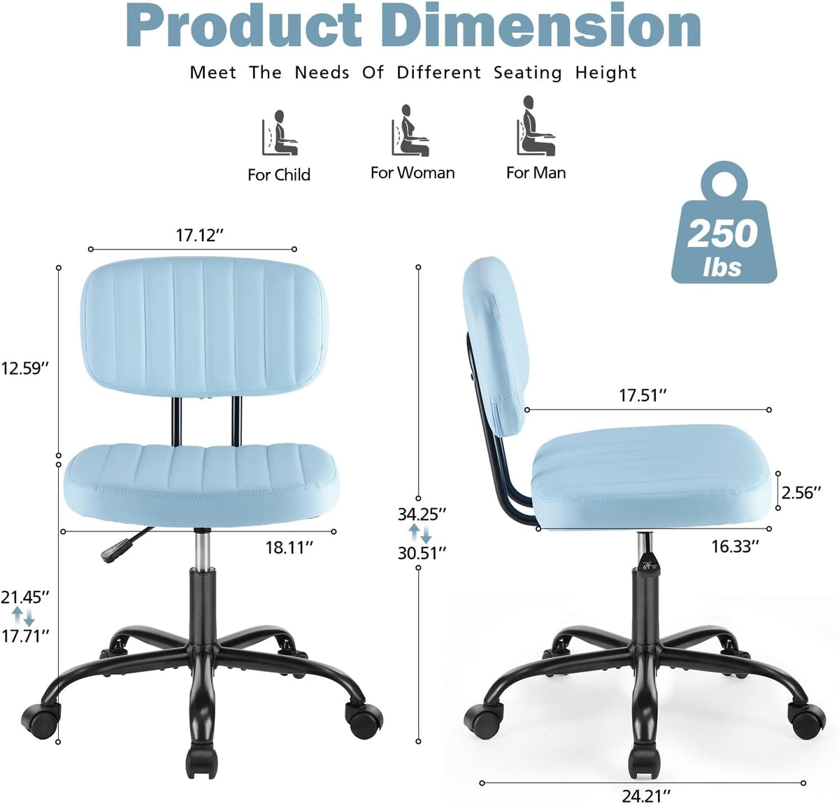 Armless PU Leather Swivel Desk Chair Blue