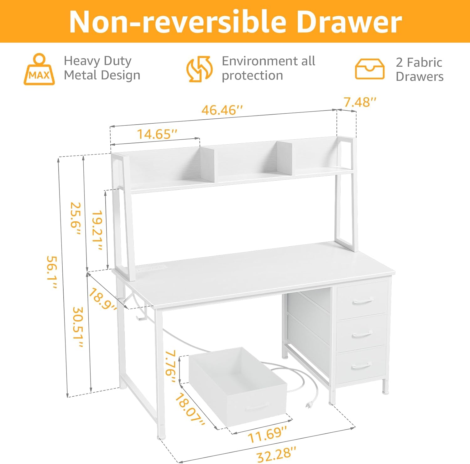 White 47" Desk with Hutch & Drawers
