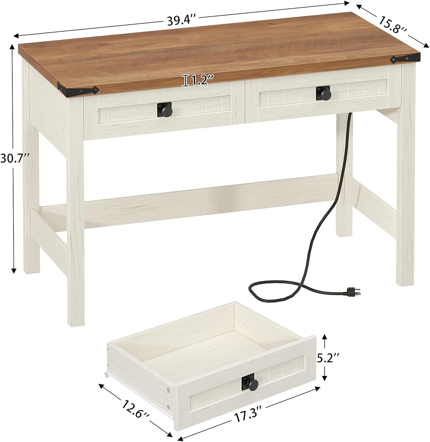 White 39" Desk with Drawers & Outlets