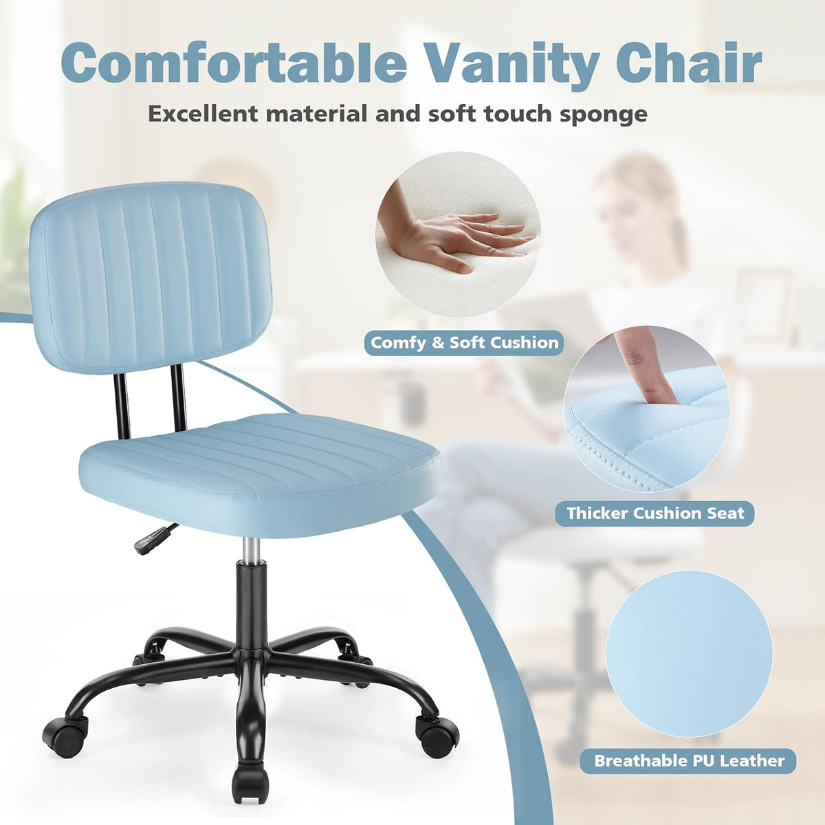 Armless PU Leather Swivel Desk Chair Blue