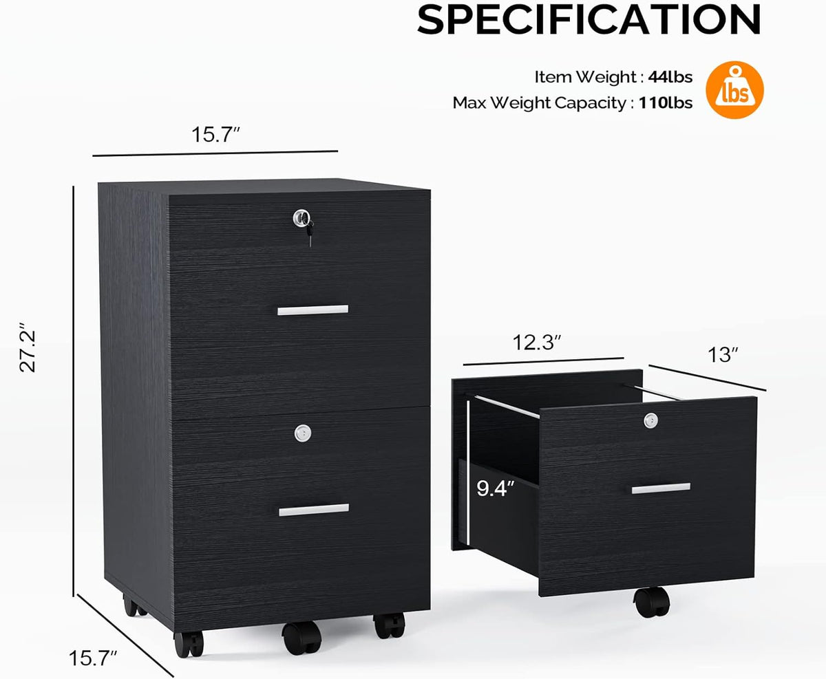 Black 2-Drawer Locking Rolling File Cabinet