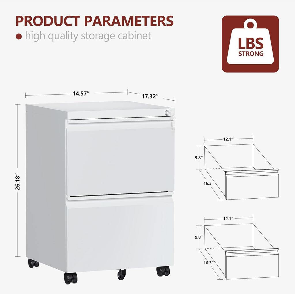 White 2-Drawer Locking Rolling File Cabinet
