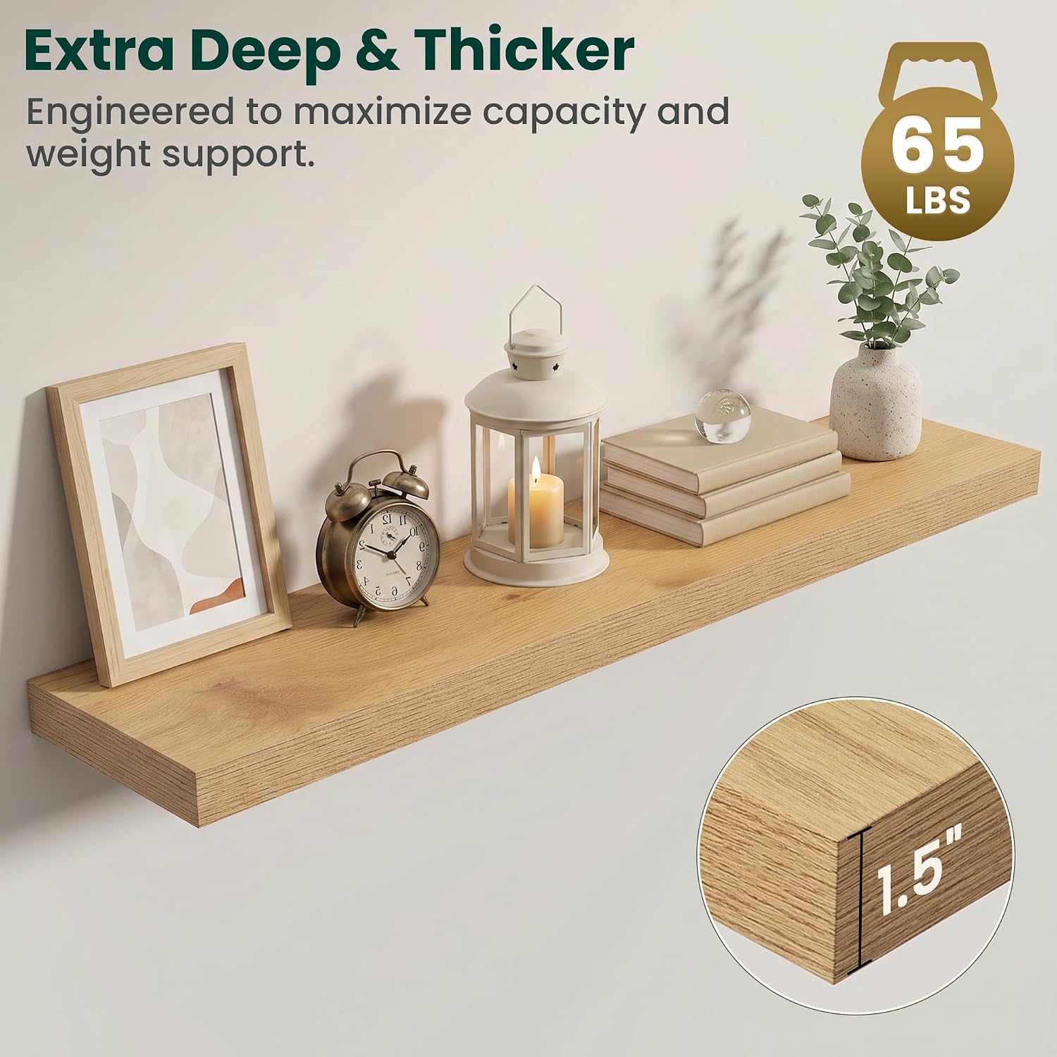Oak Deep Floating Wall Shelves 2 Pack