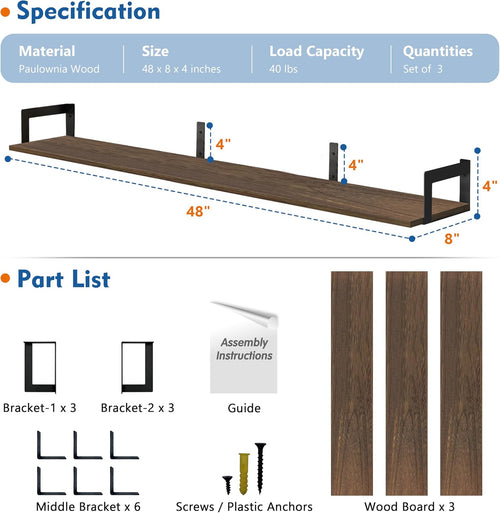 48" Rustic Dark Brown Floating Shelves
