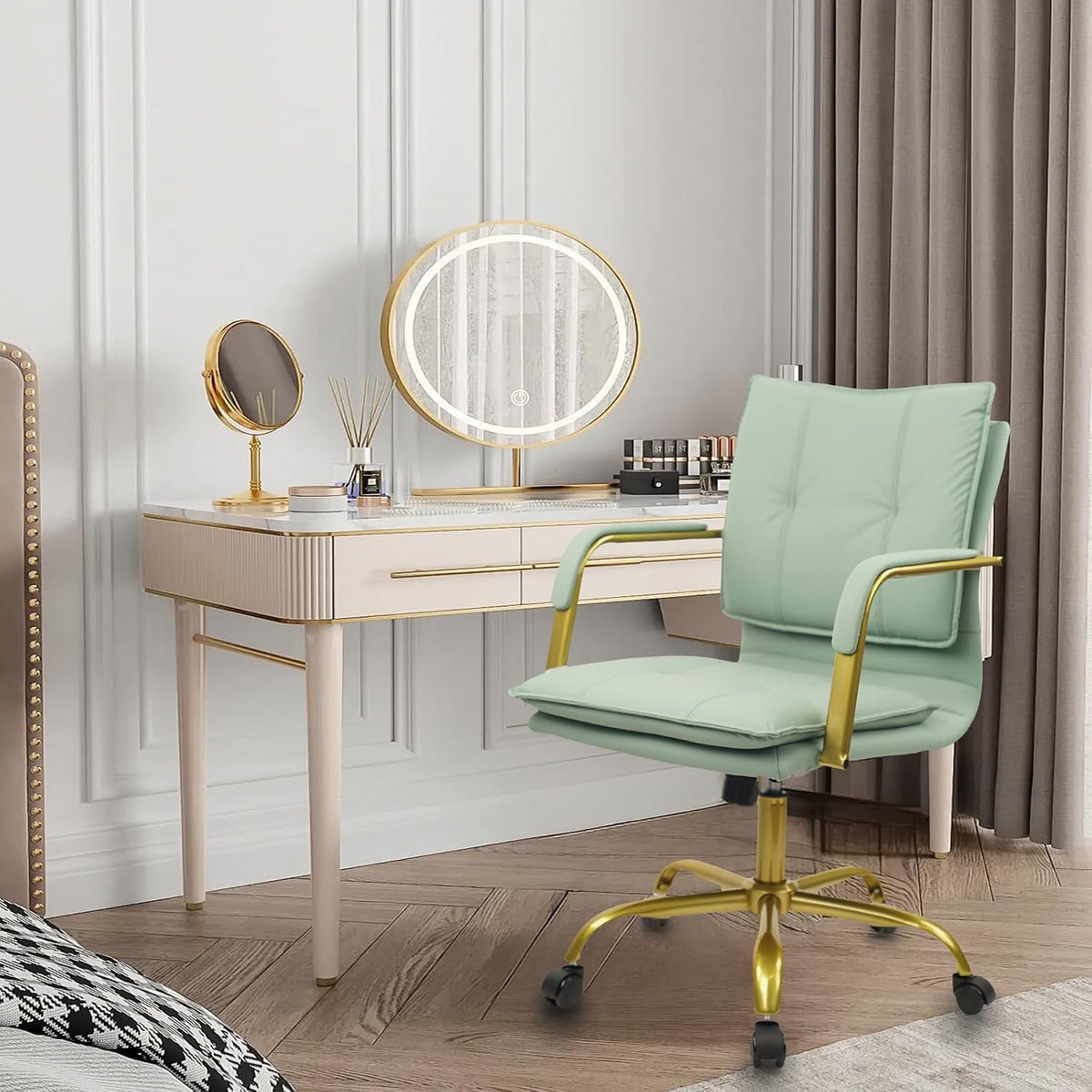 Green Leather Swivel Desk Chair Golden Legs