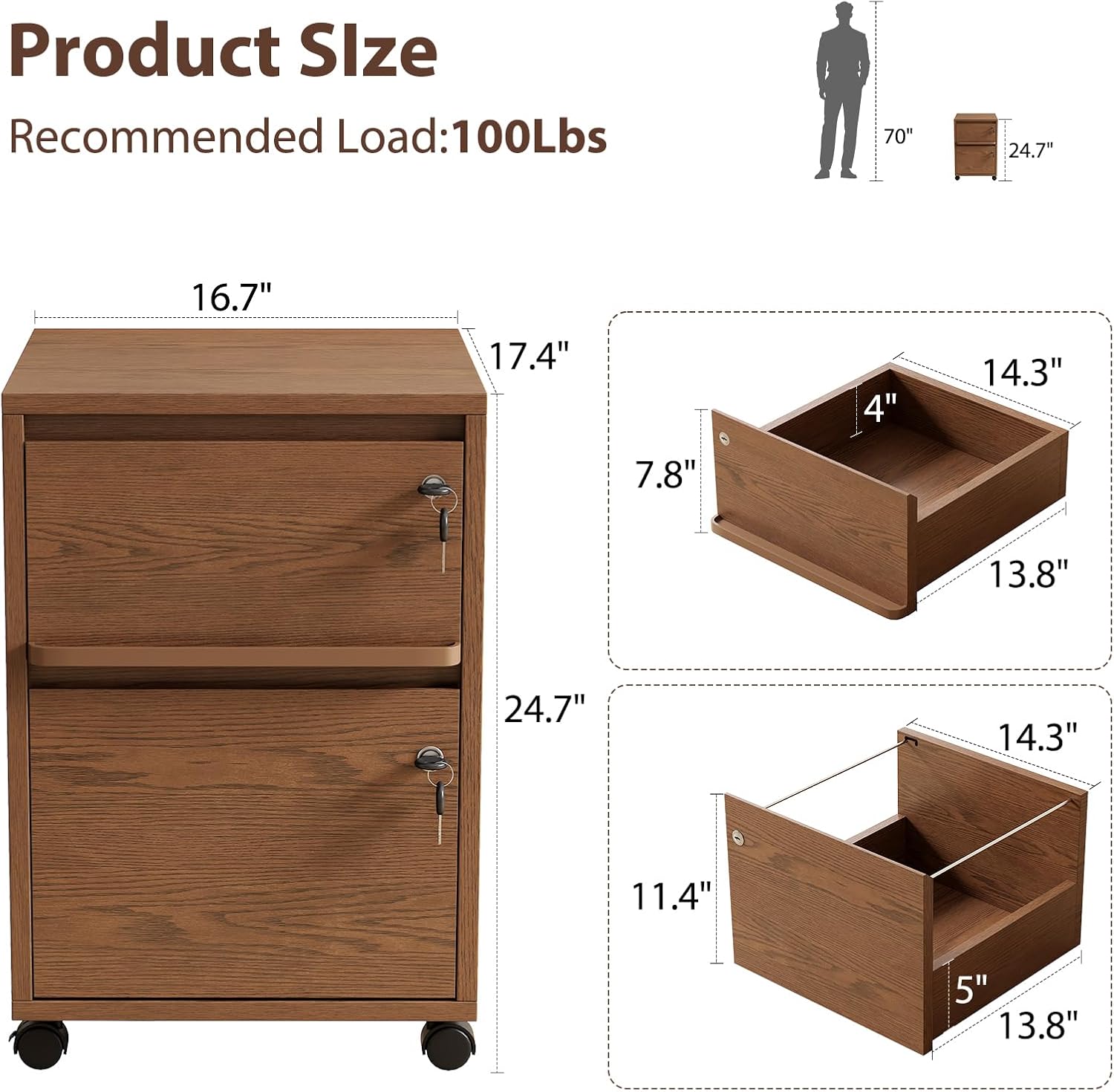 Lockable 2-Drawer Wheeled File Cabinet