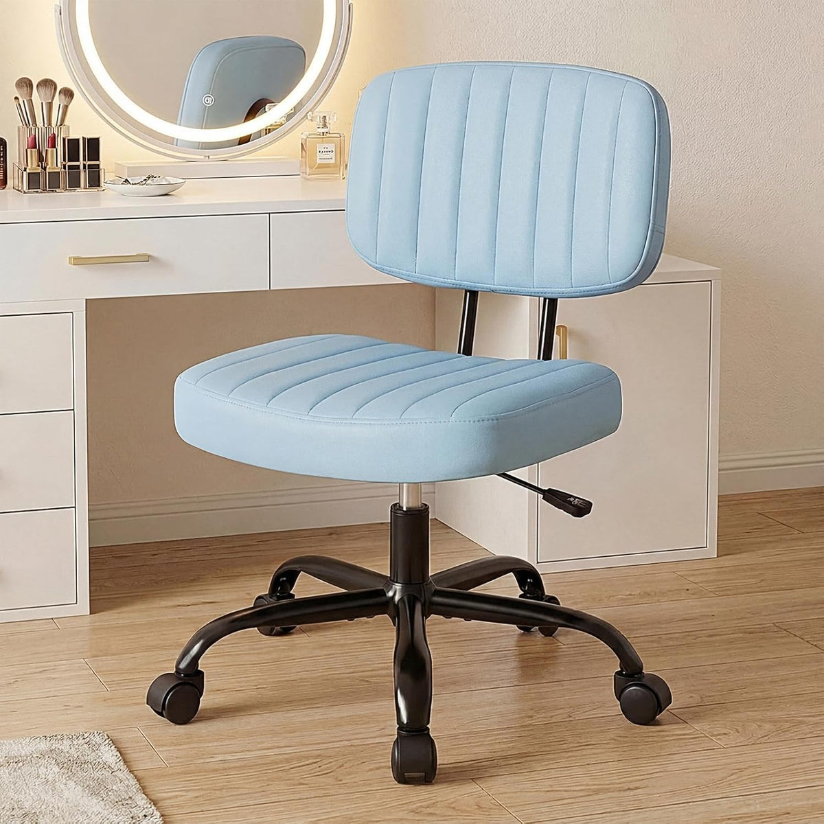 Armless PU Leather Swivel Desk Chair Blue