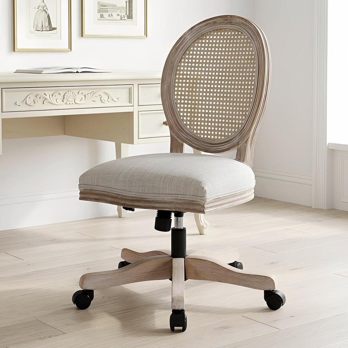 Beige Rattan Linen Swivel Office Chair