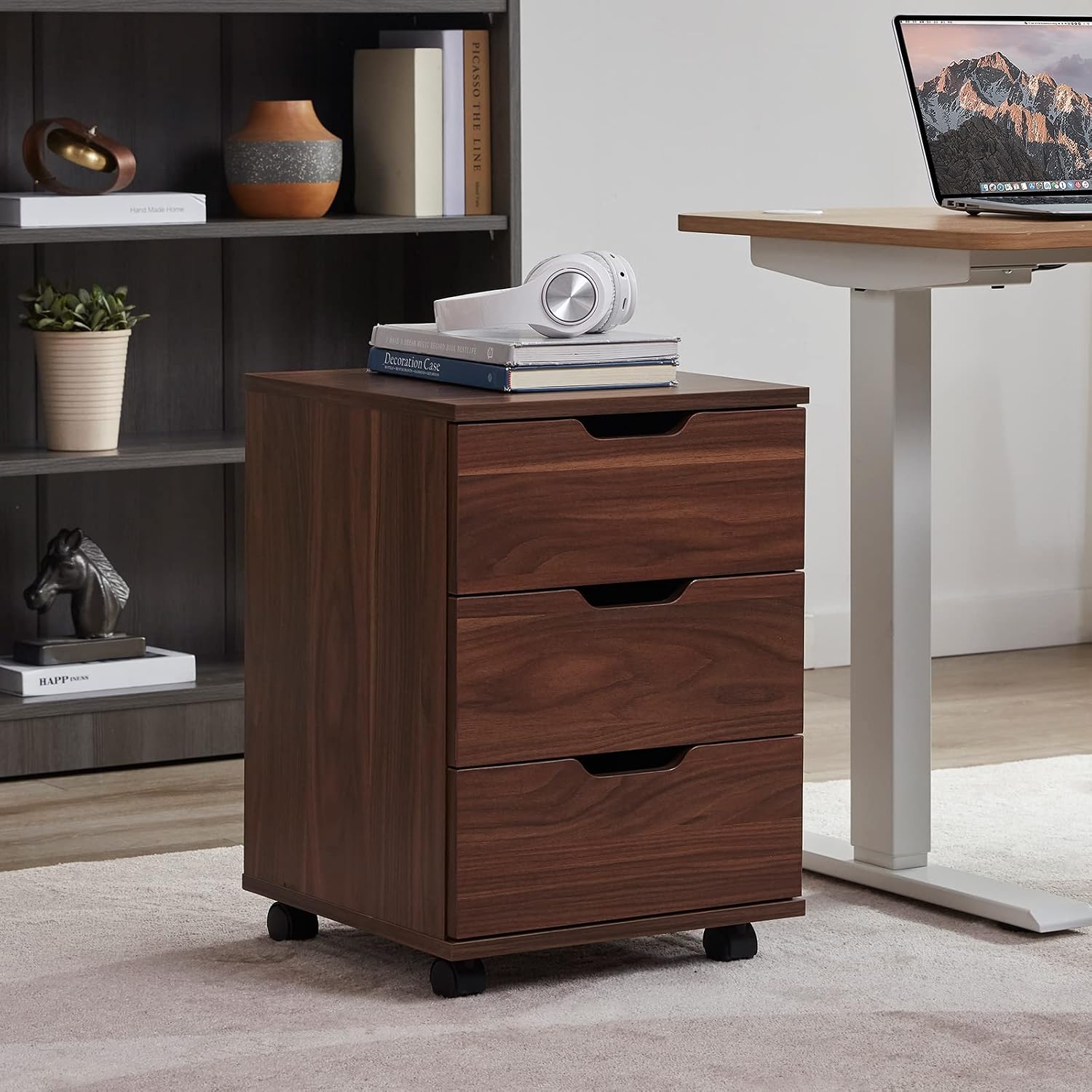 Brown 3-Drawer Mobile Wood File Cabinet