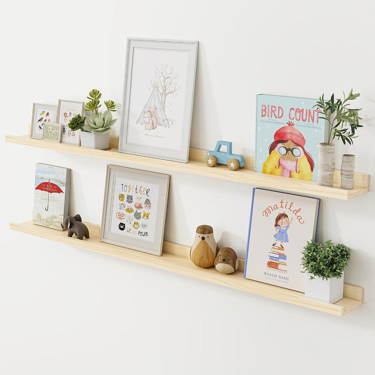55" Natural Wood Wall Ledge Shelves