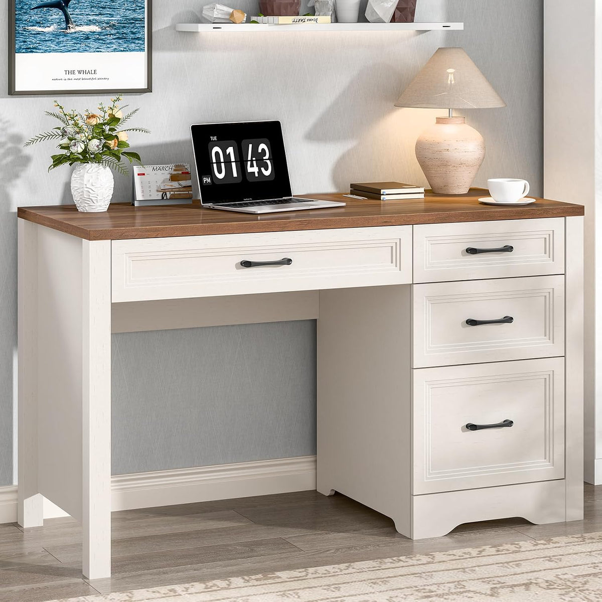 White Farmhouse Desk with File Drawer