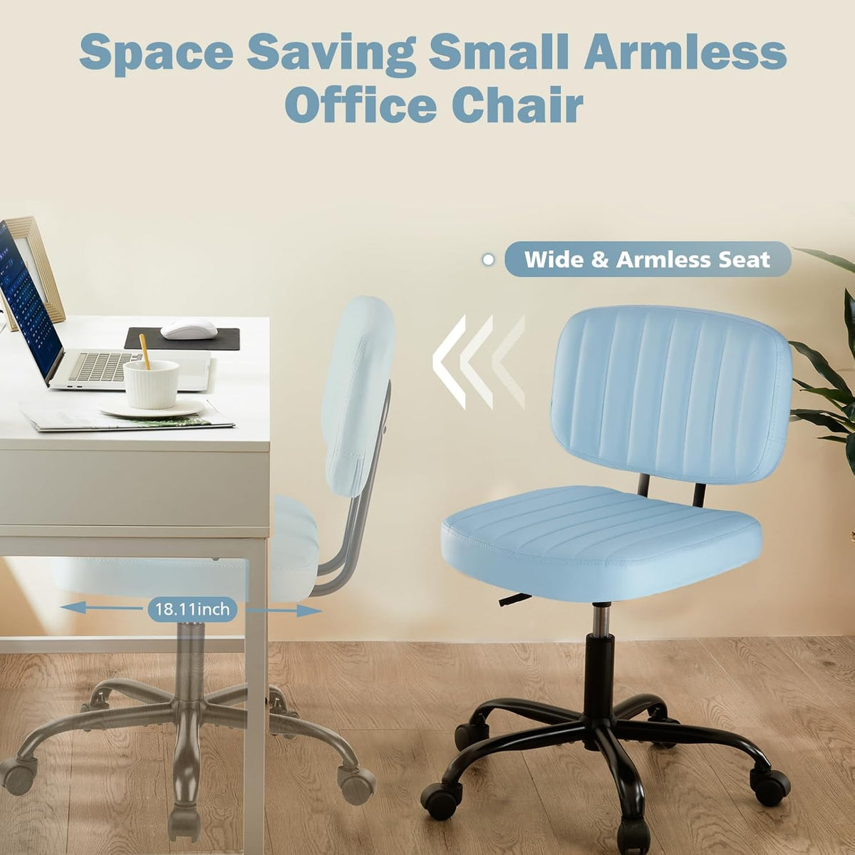 Armless PU Leather Swivel Desk Chair Blue