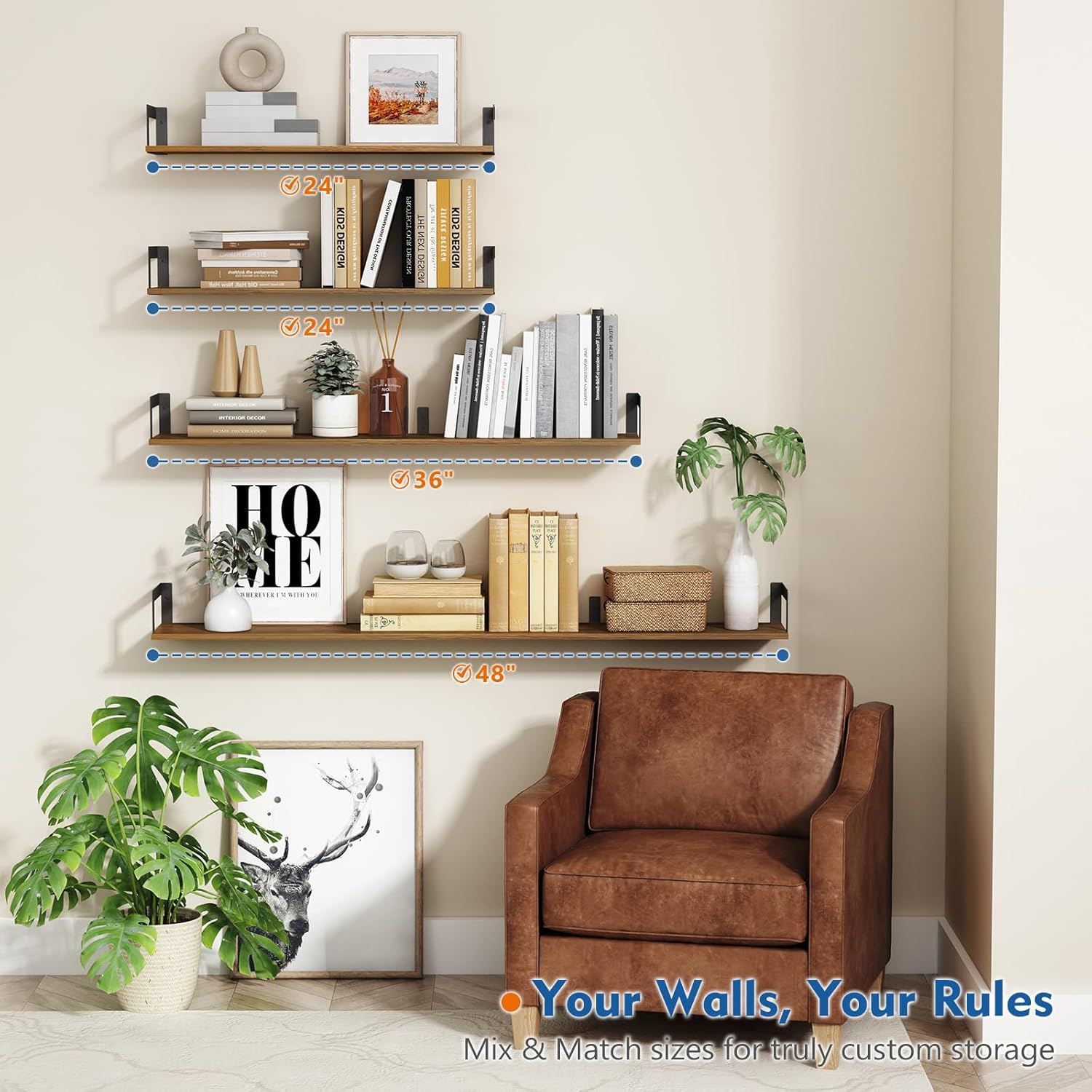 48" Rustic Dark Brown Floating Shelves
