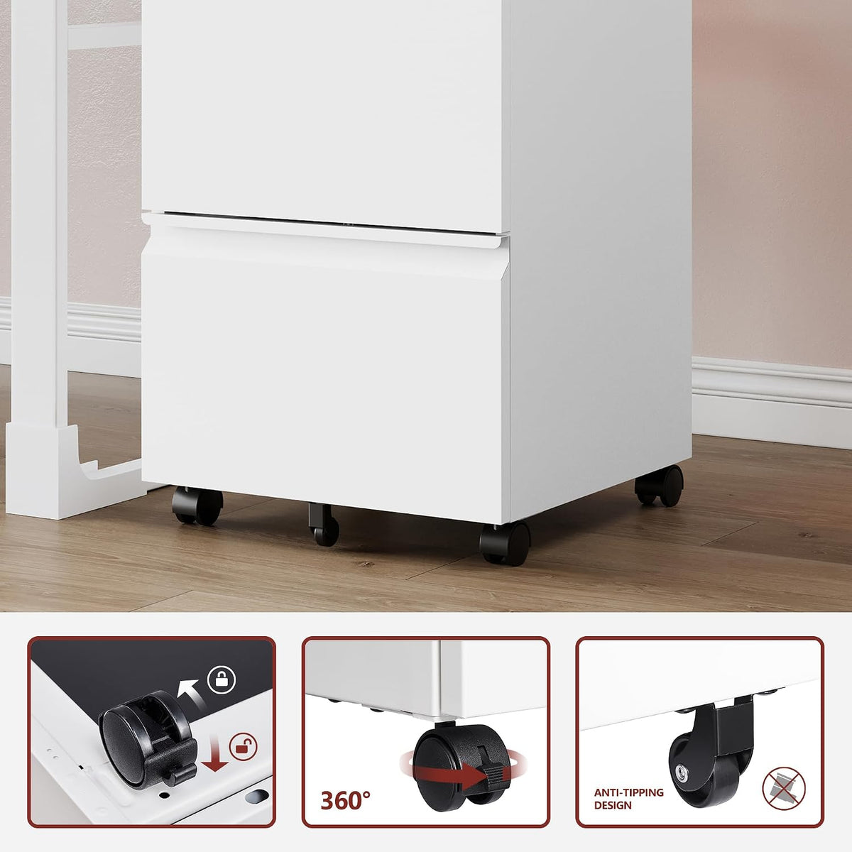 White 2-Drawer Locking Rolling File Cabinet