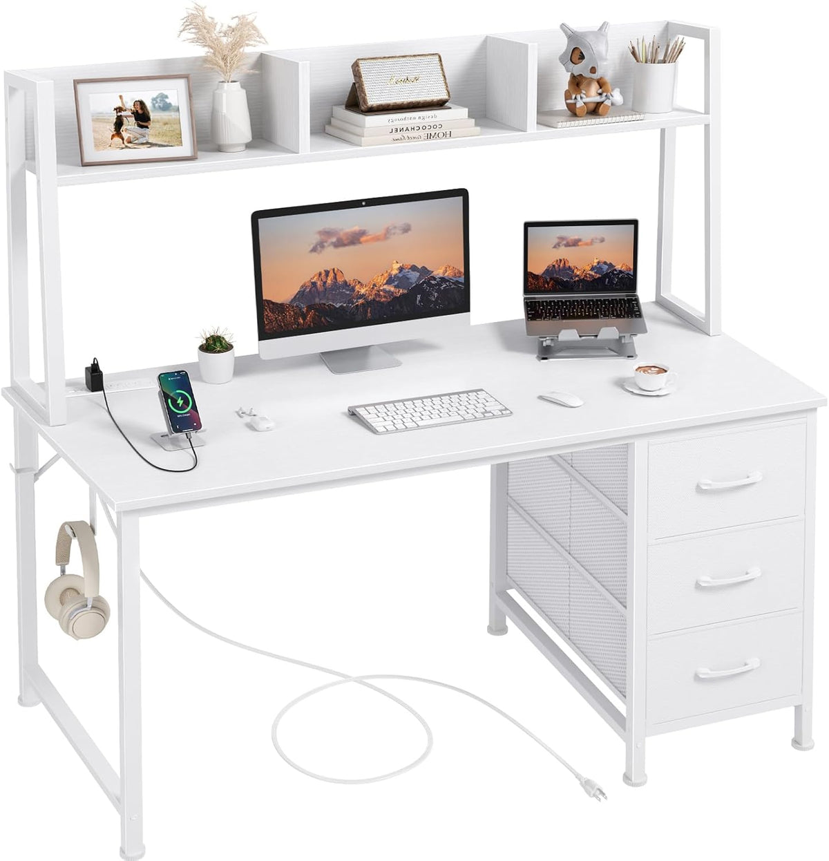 White 47" Desk with Hutch & Drawers