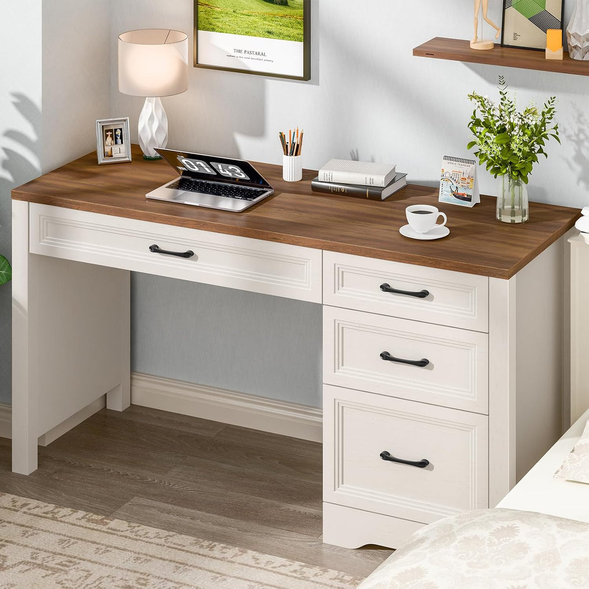 White Farmhouse Desk with File Drawer