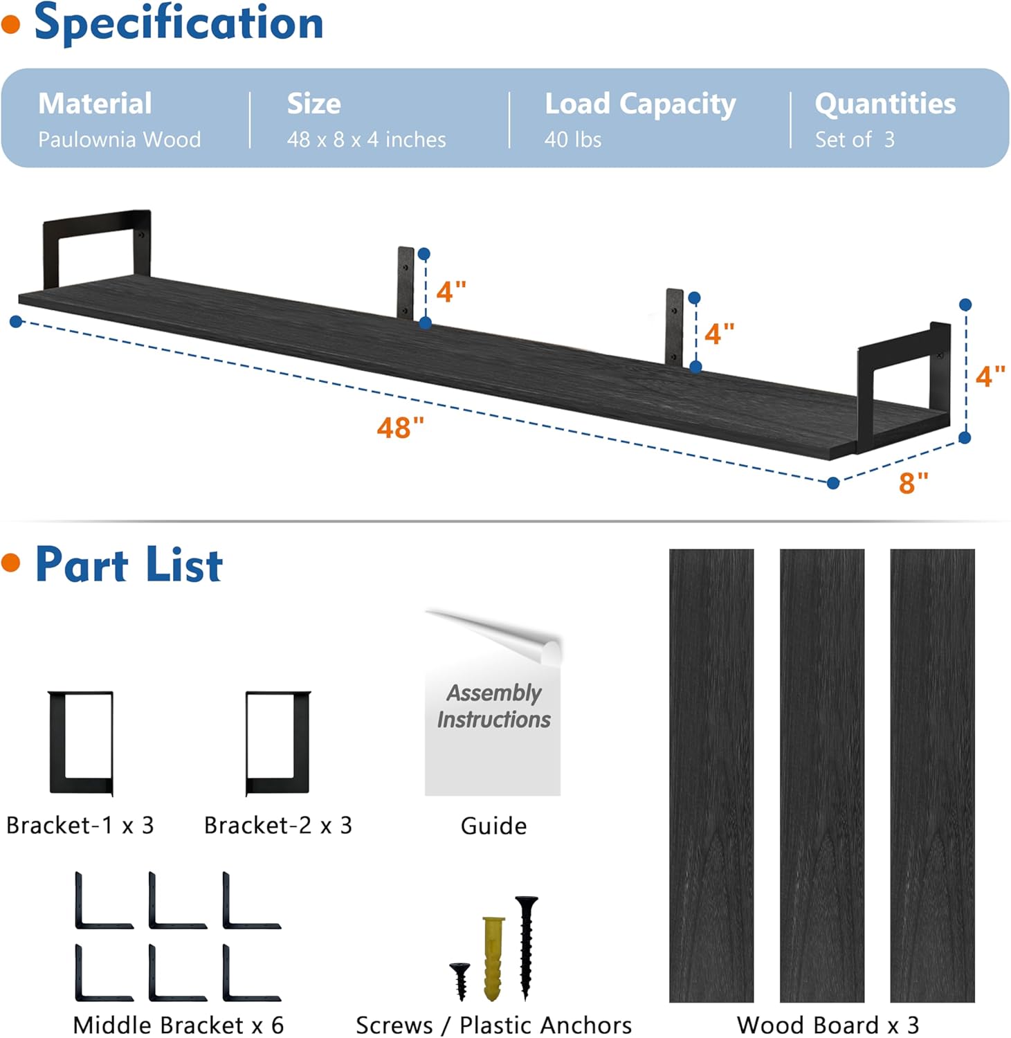 Black 48" Floating Wall Book Shelves
