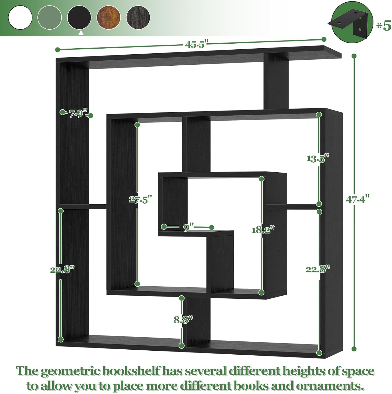 Black 5-Tier Geometric Wall Bookcase