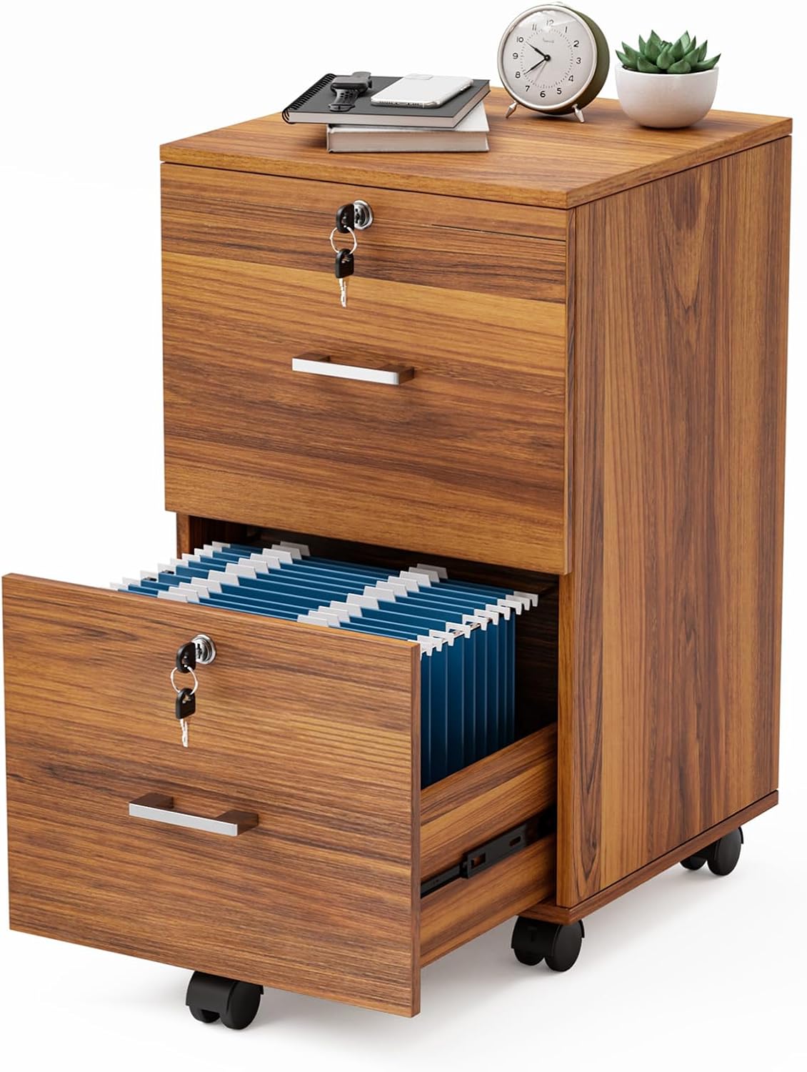 Walnut 2-Drawer Locking Rolling File Cabinet