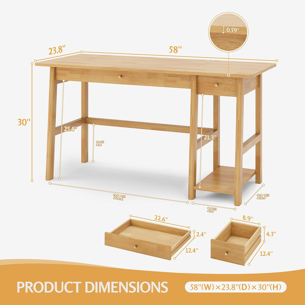 Oak 58" Wood Desk with Drawer