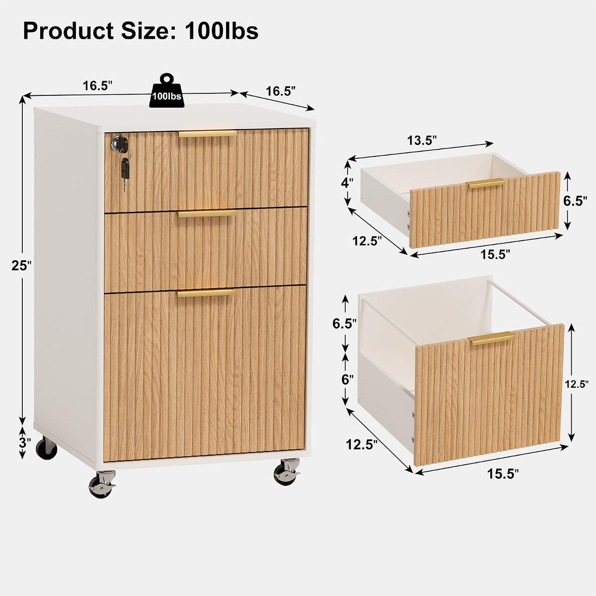 Oak 3-Drawer Locking Rolling File Cabinet