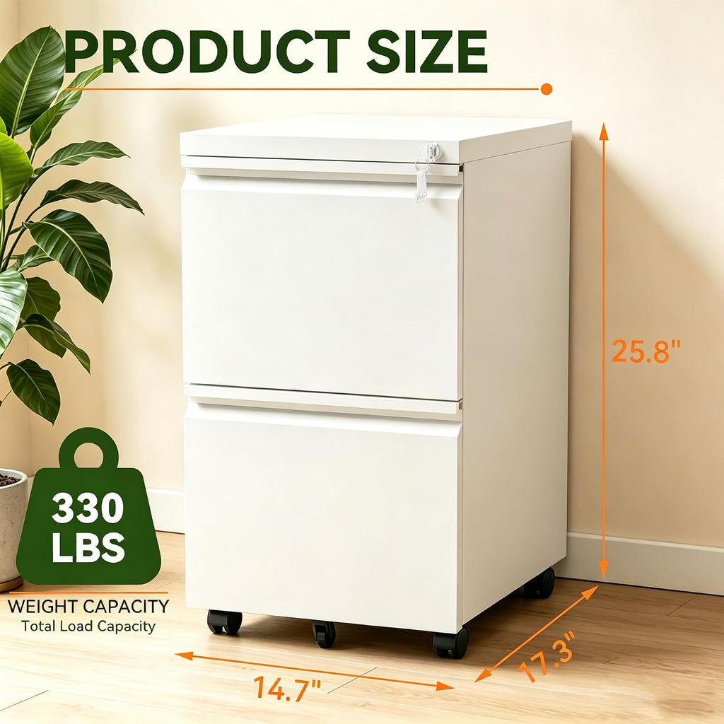 White 2-Drawer Locking Rolling File Cabinet