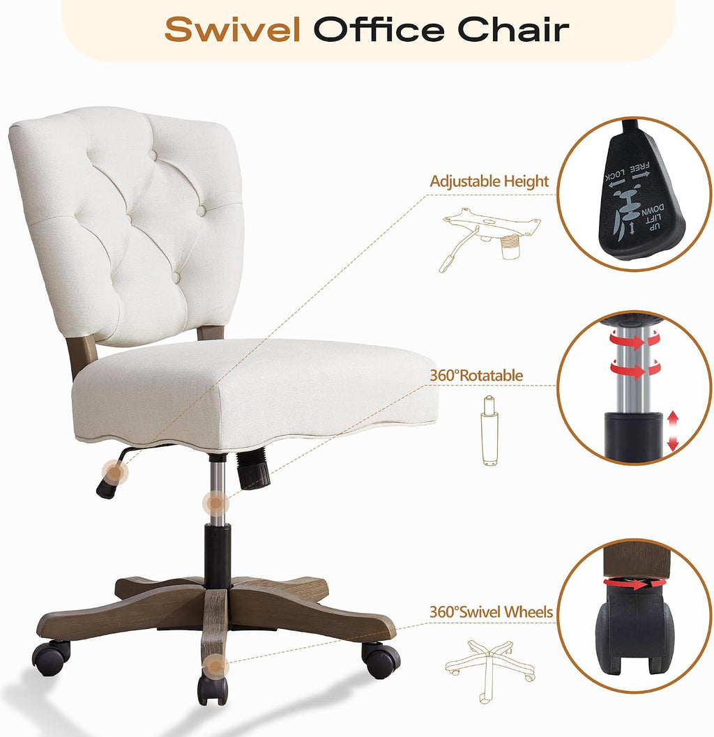 Beige Chenille Tufted Swivel Desk Chair