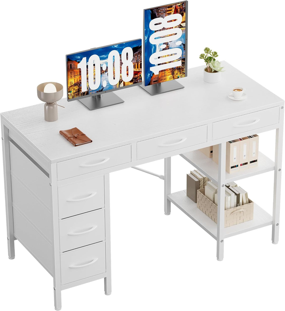 White 47" Desk with Drawers & Shelves