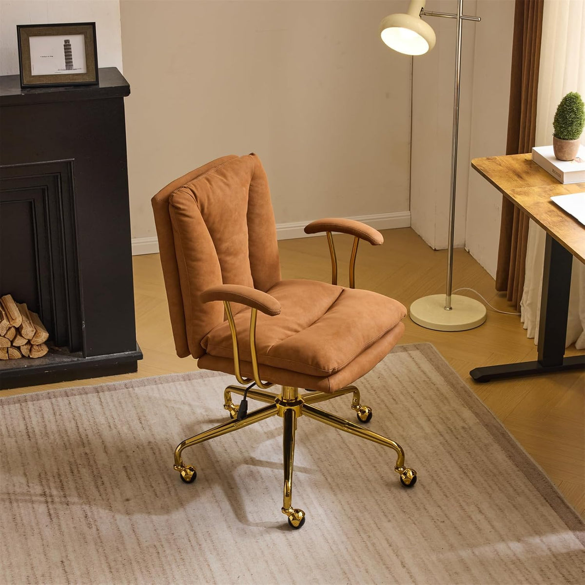 Brown Suede Swivel Desk Chair Gold Base
