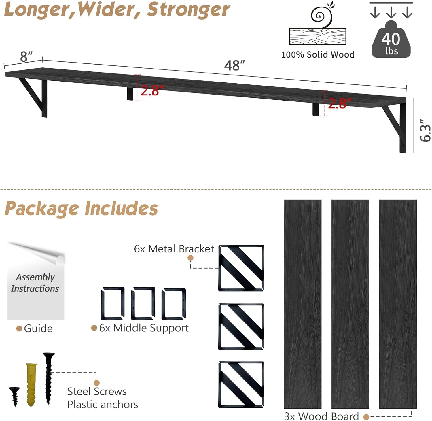 48 Inch Black Floating Wall Shelves Set