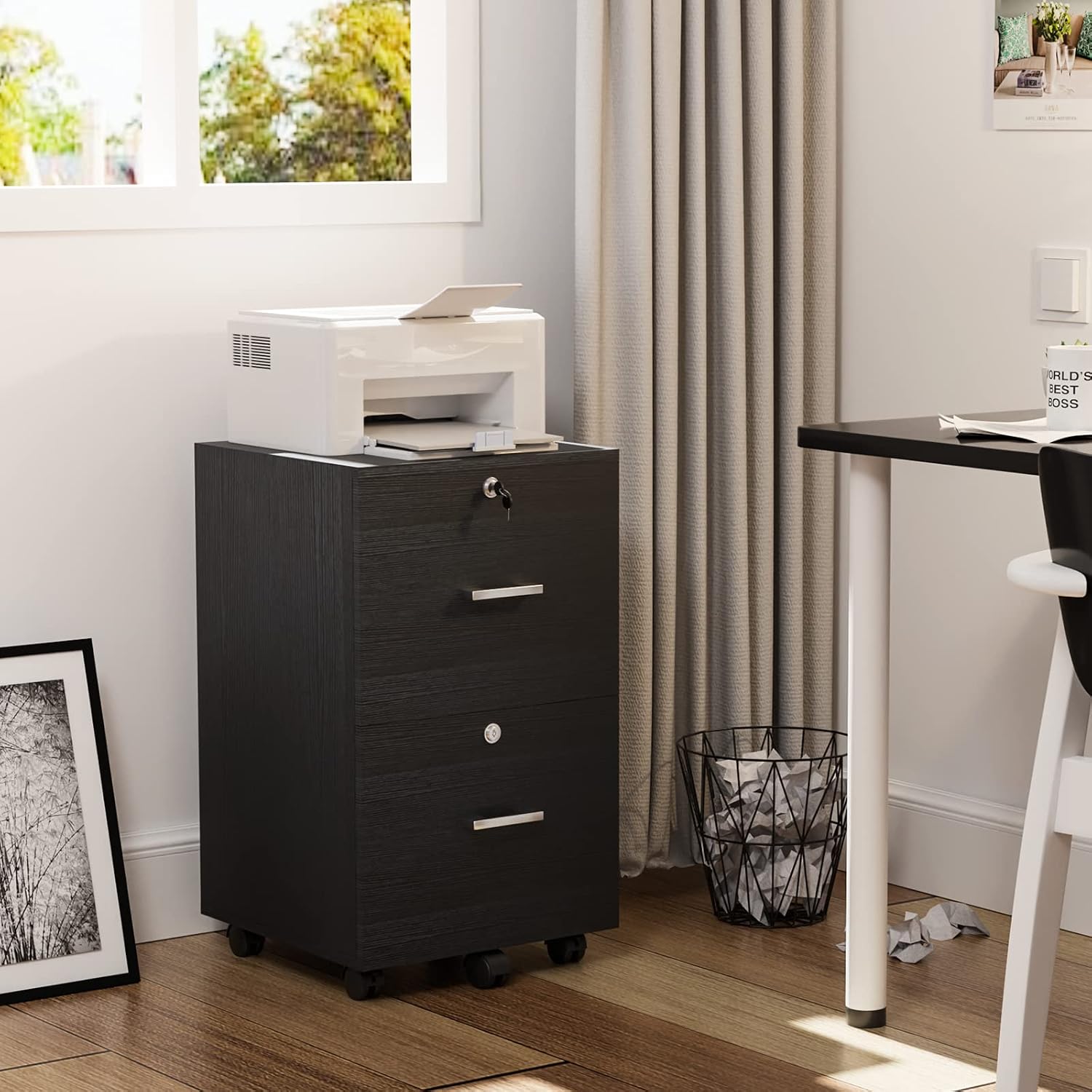 Black 2-Drawer Locking Rolling File Cabinet