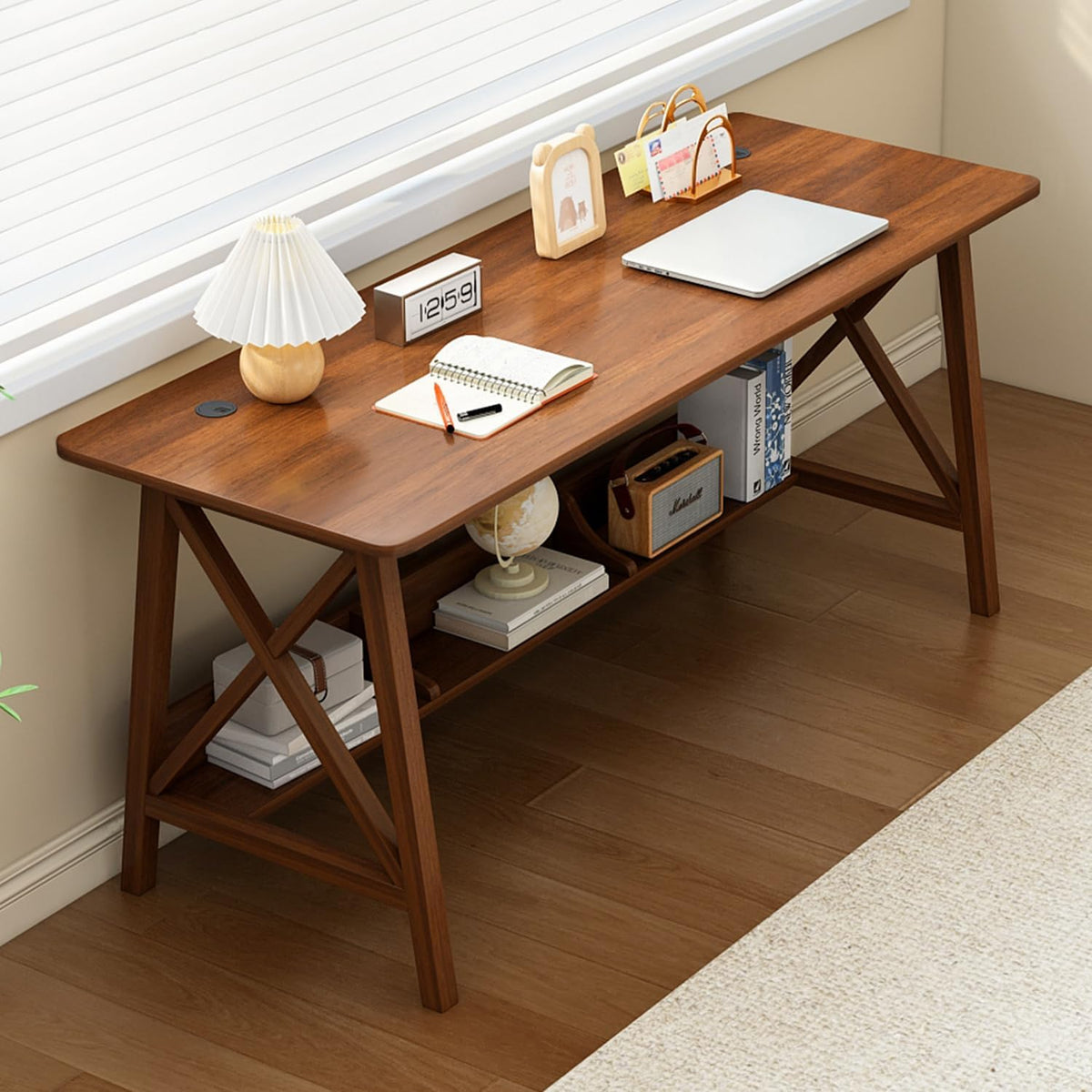 Walnut 55" Desk with Storage Shelf