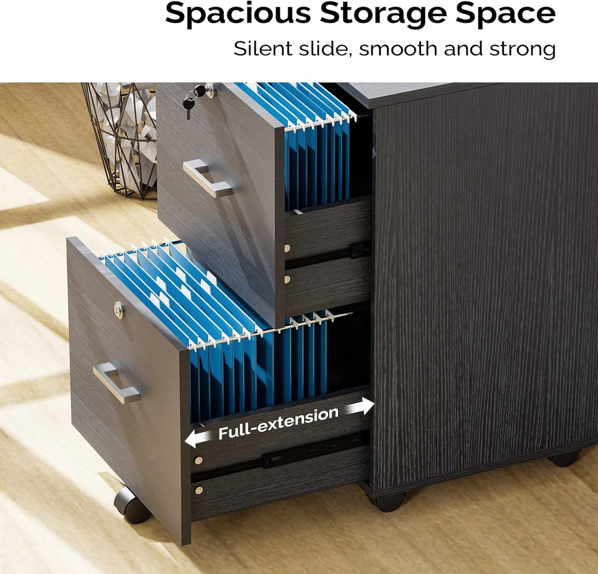 Black 2-Drawer Locking Rolling File Cabinet