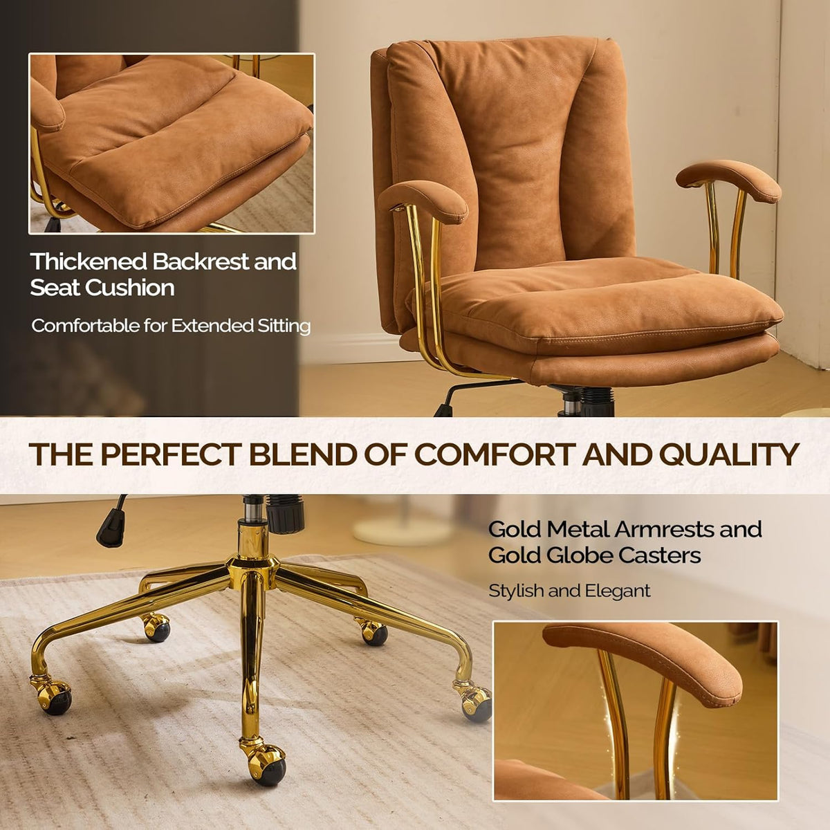 Brown Suede Swivel Desk Chair Gold Base