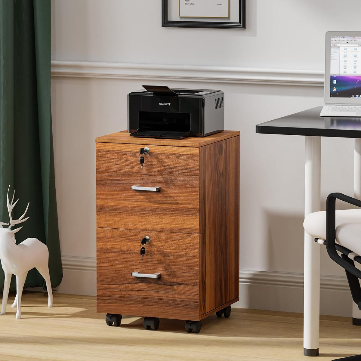 Walnut 2-Drawer Locking Rolling File Cabinet