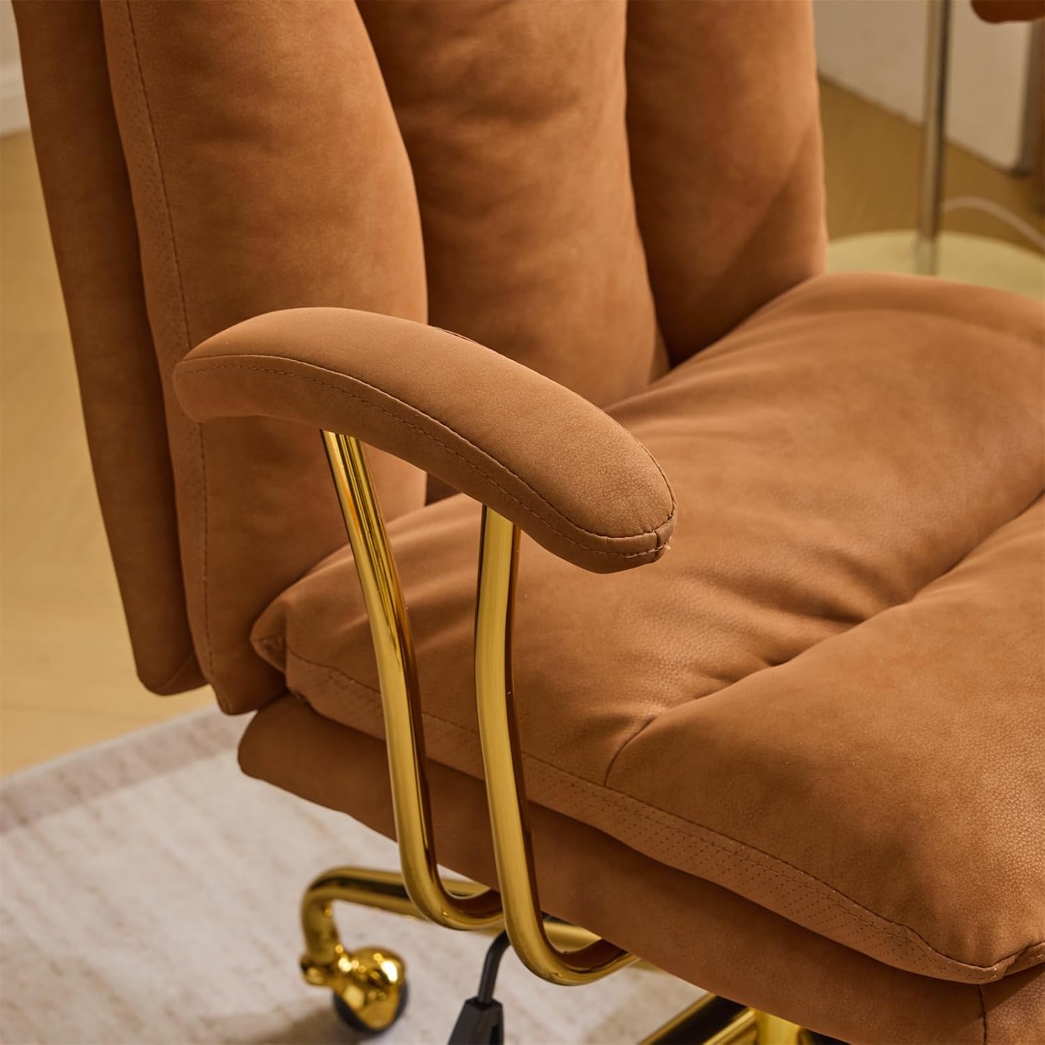 Brown Suede Swivel Desk Chair Gold Base