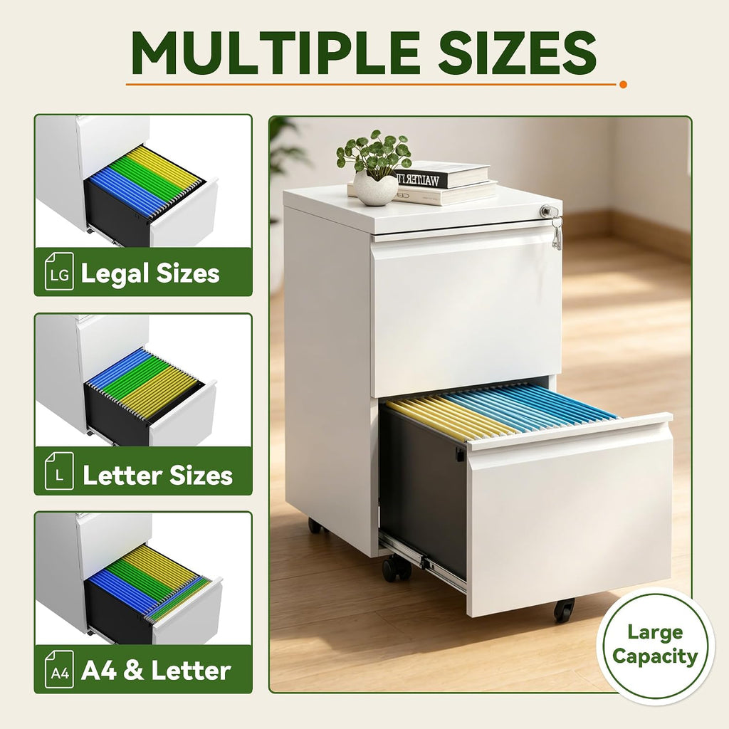 White 2-Drawer Locking Rolling File Cabinet