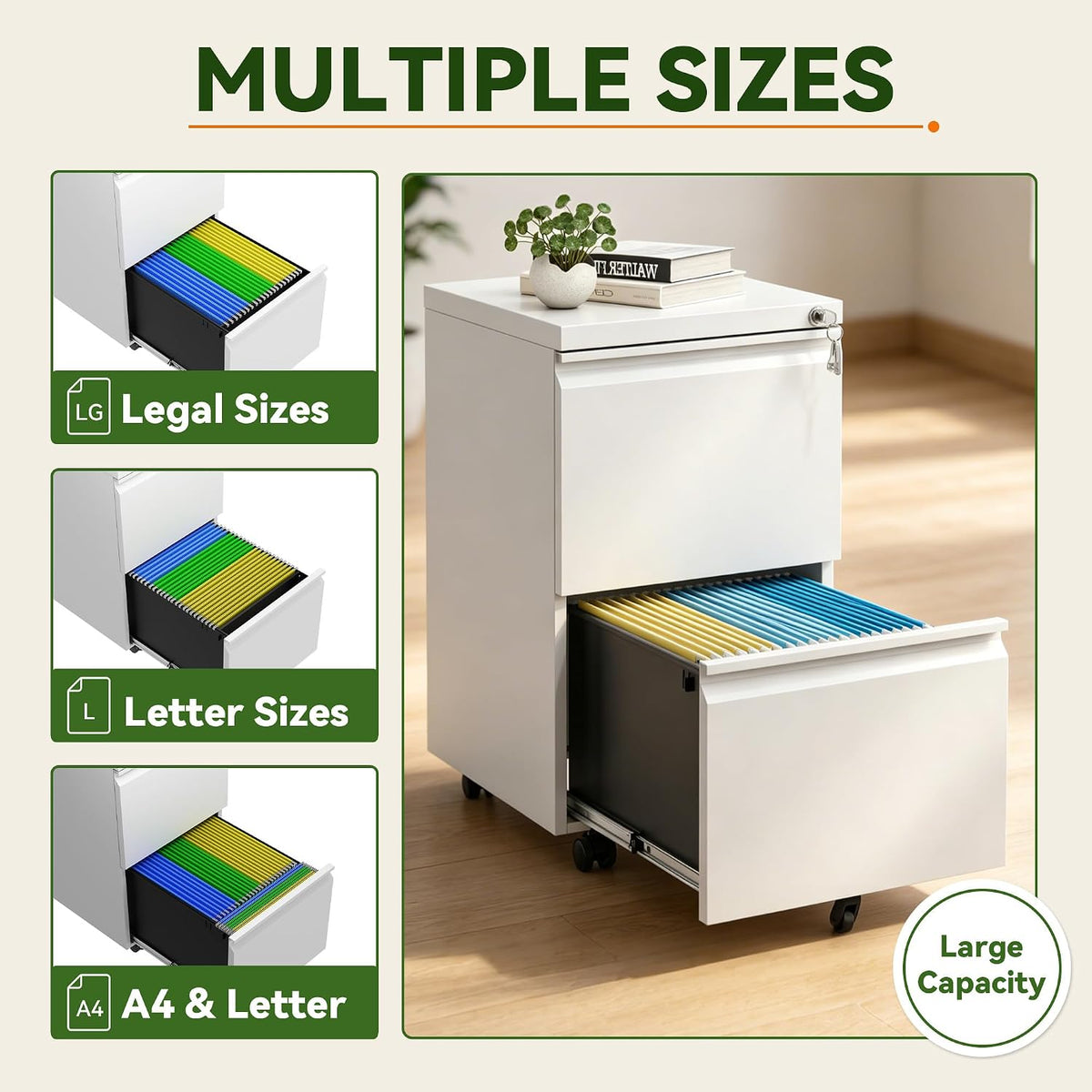 White 2-Drawer Locking Rolling File Cabinet