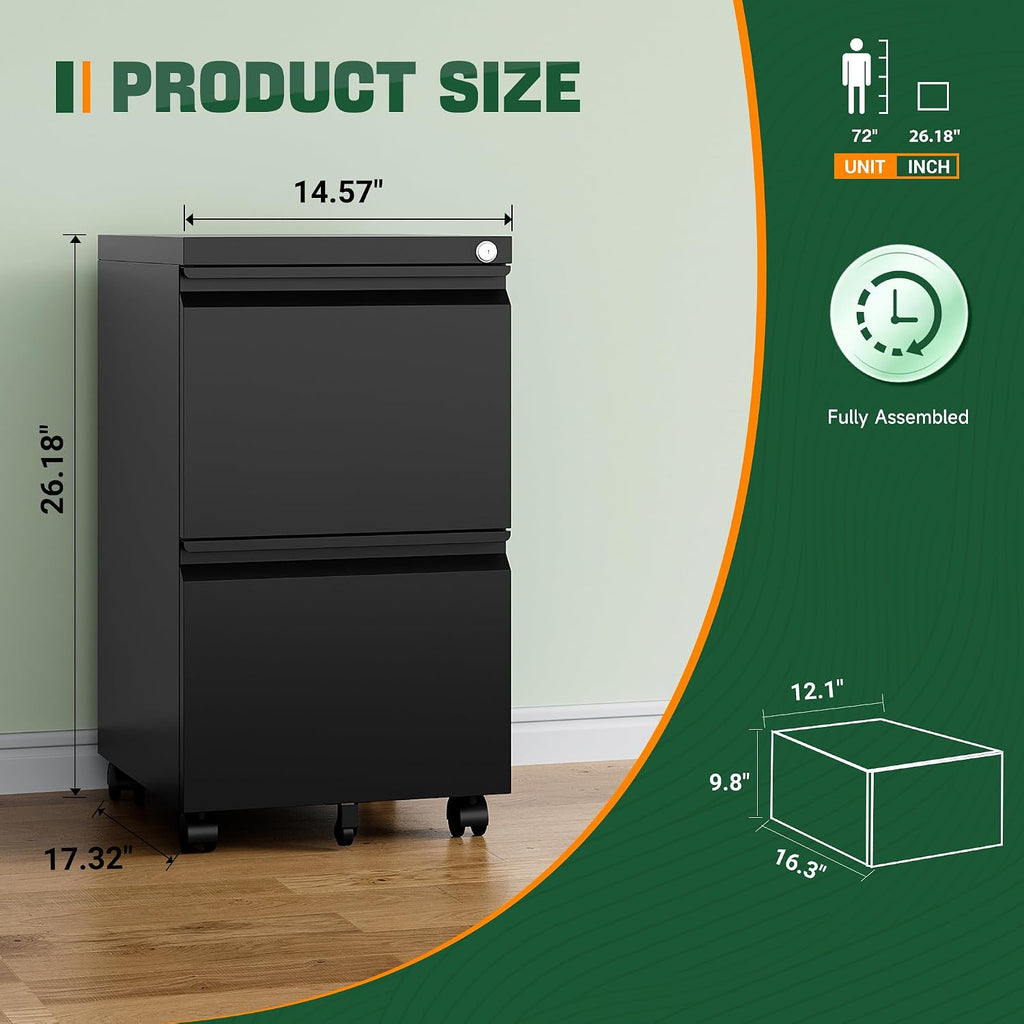Black 2-Drawer Locking Rolling File Cabinet