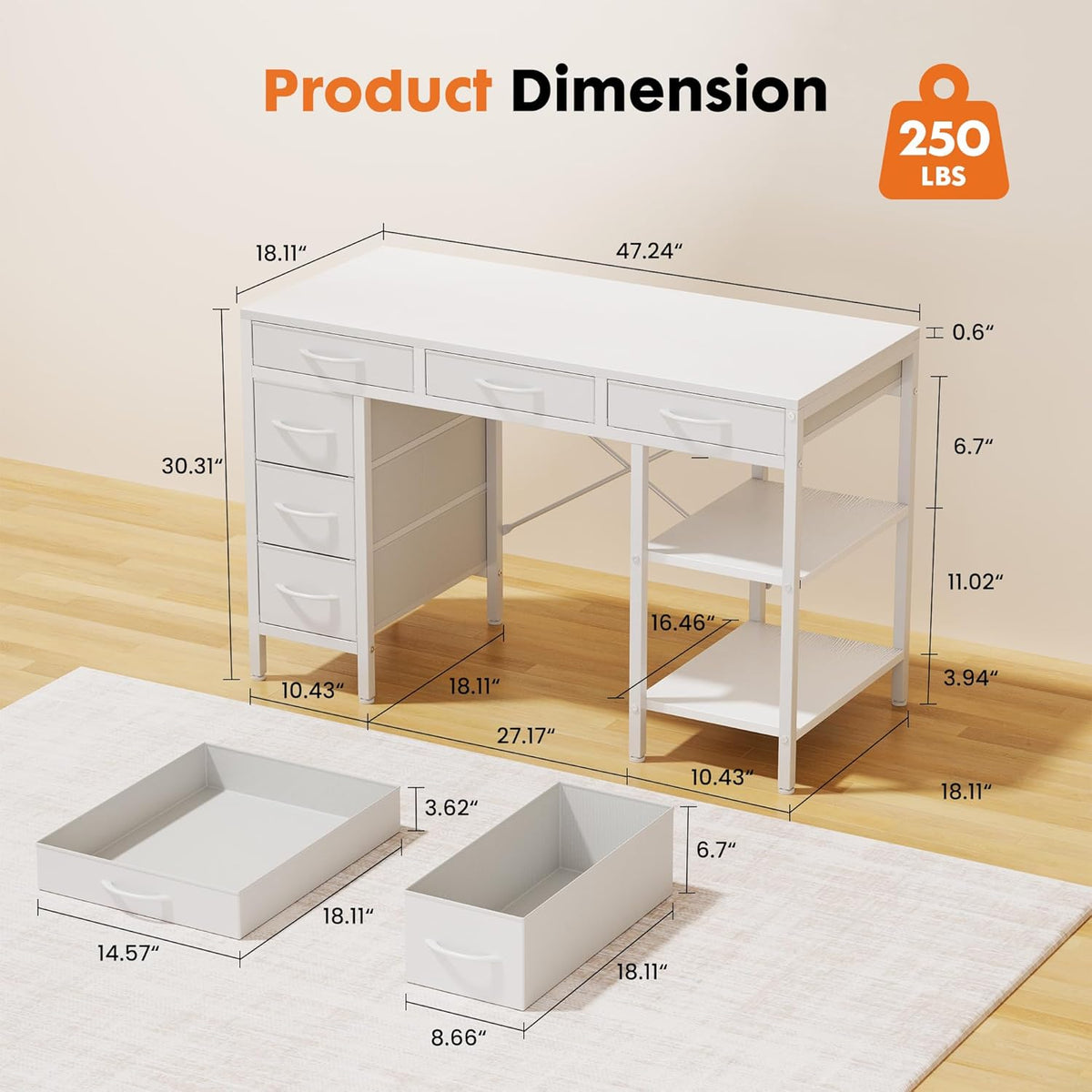 White 47" Desk with Drawers & Shelves