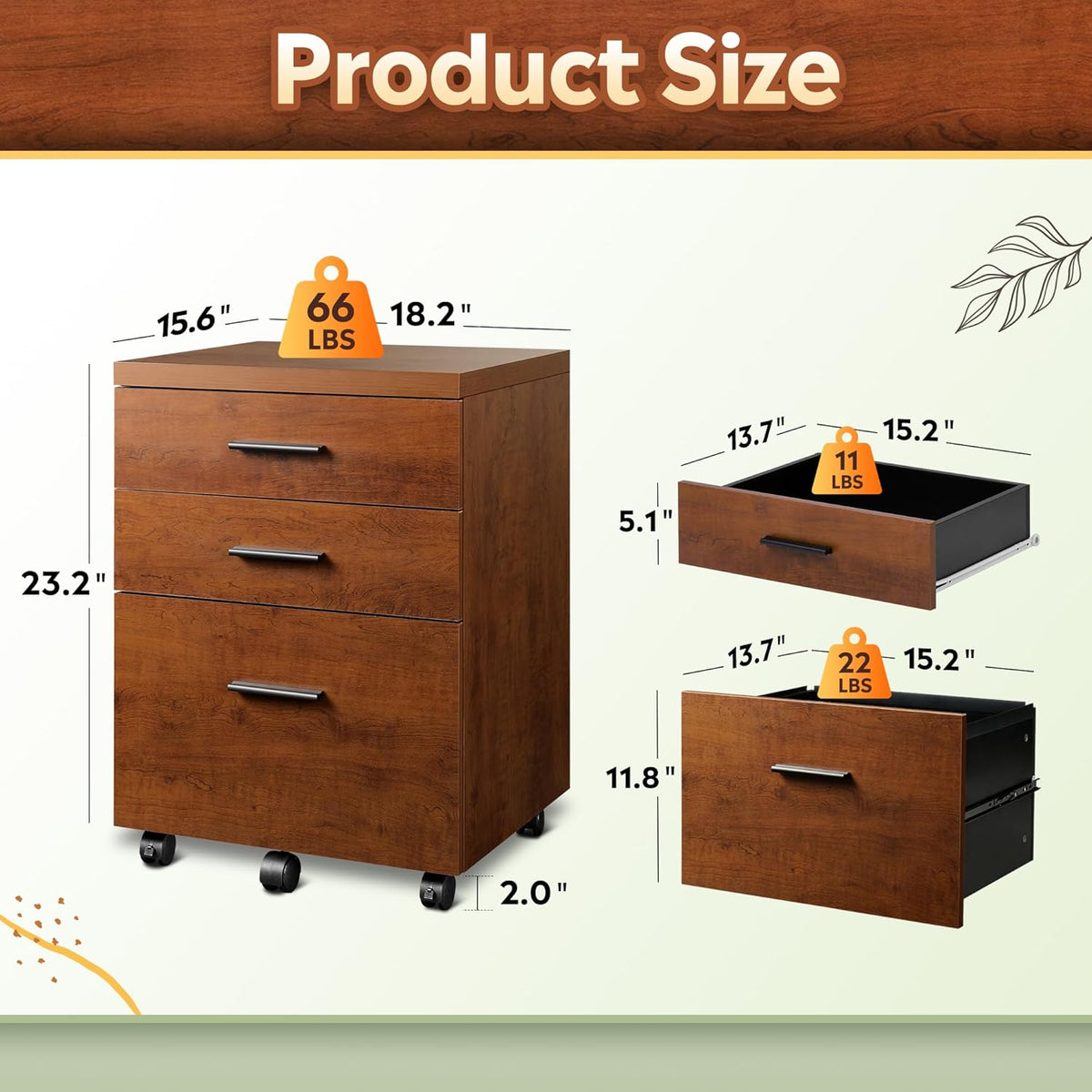 Walnut 3-Drawer Rolling File Cabinet