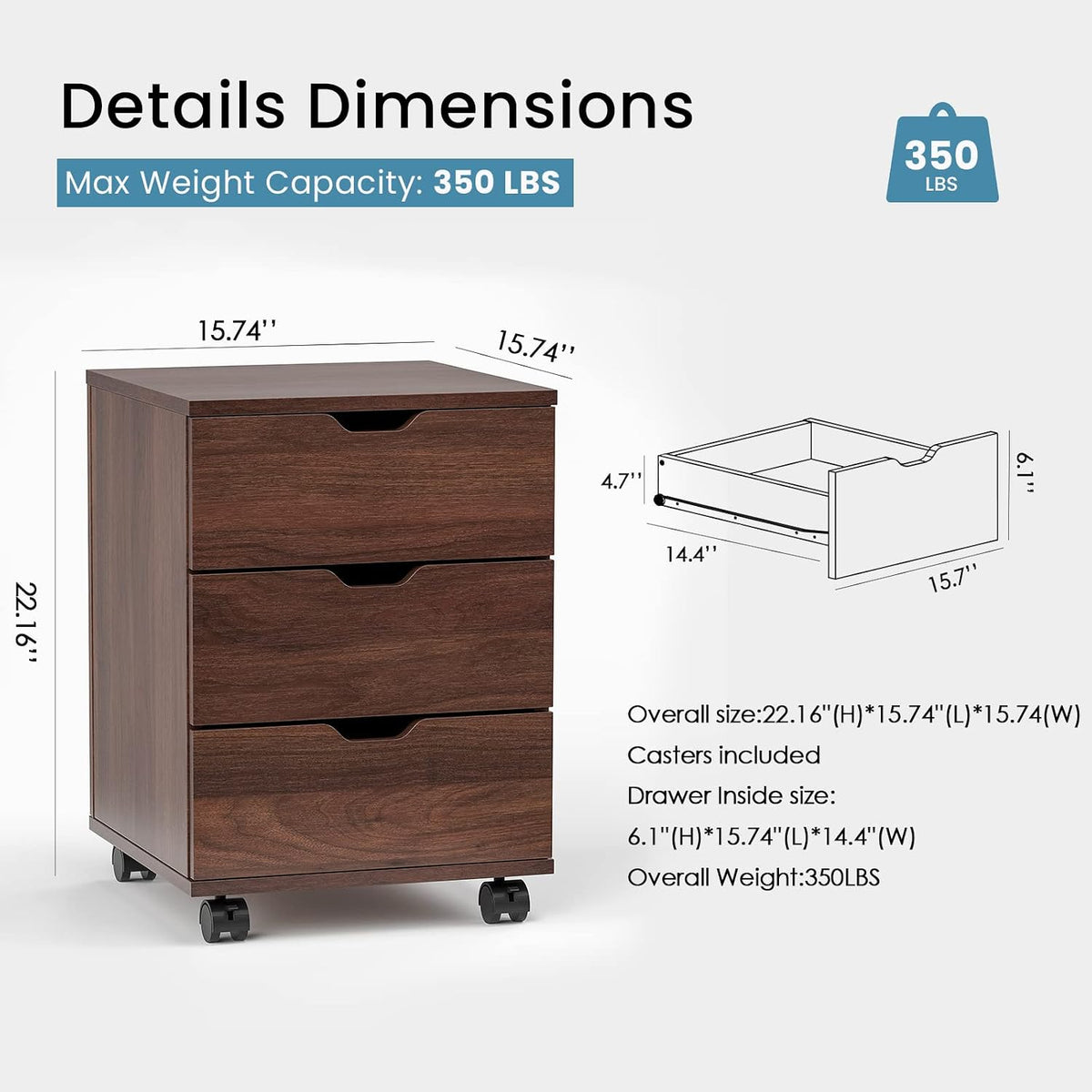Brown 3-Drawer Mobile Wood File Cabinet