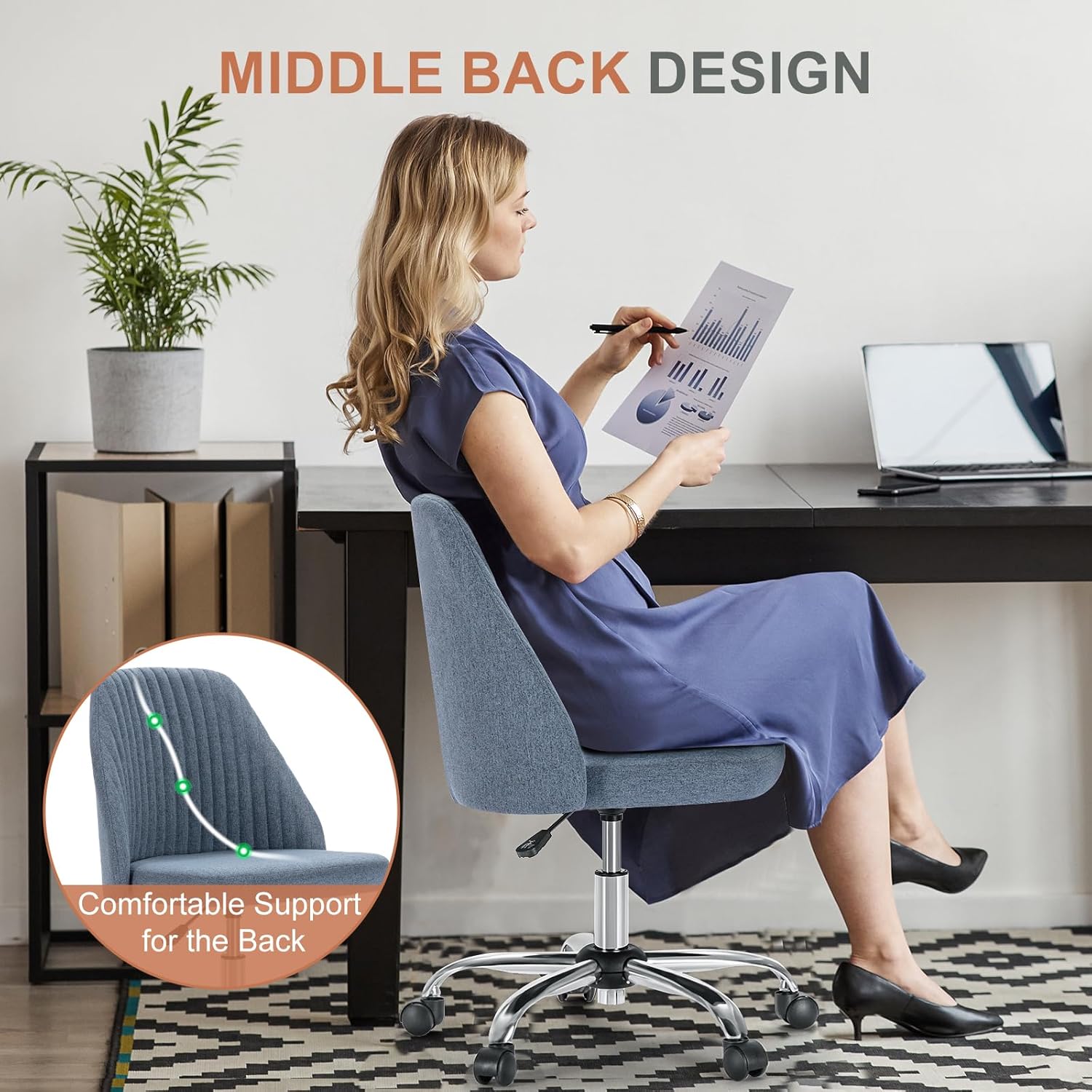 Blue Wide Armless Swivel Office Chair