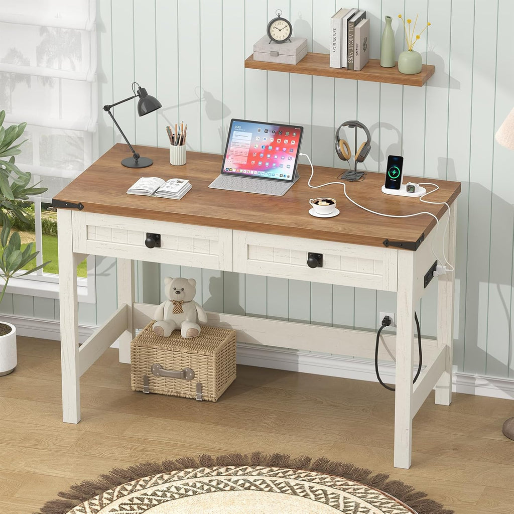 White 39" Desk with Drawers & Outlets