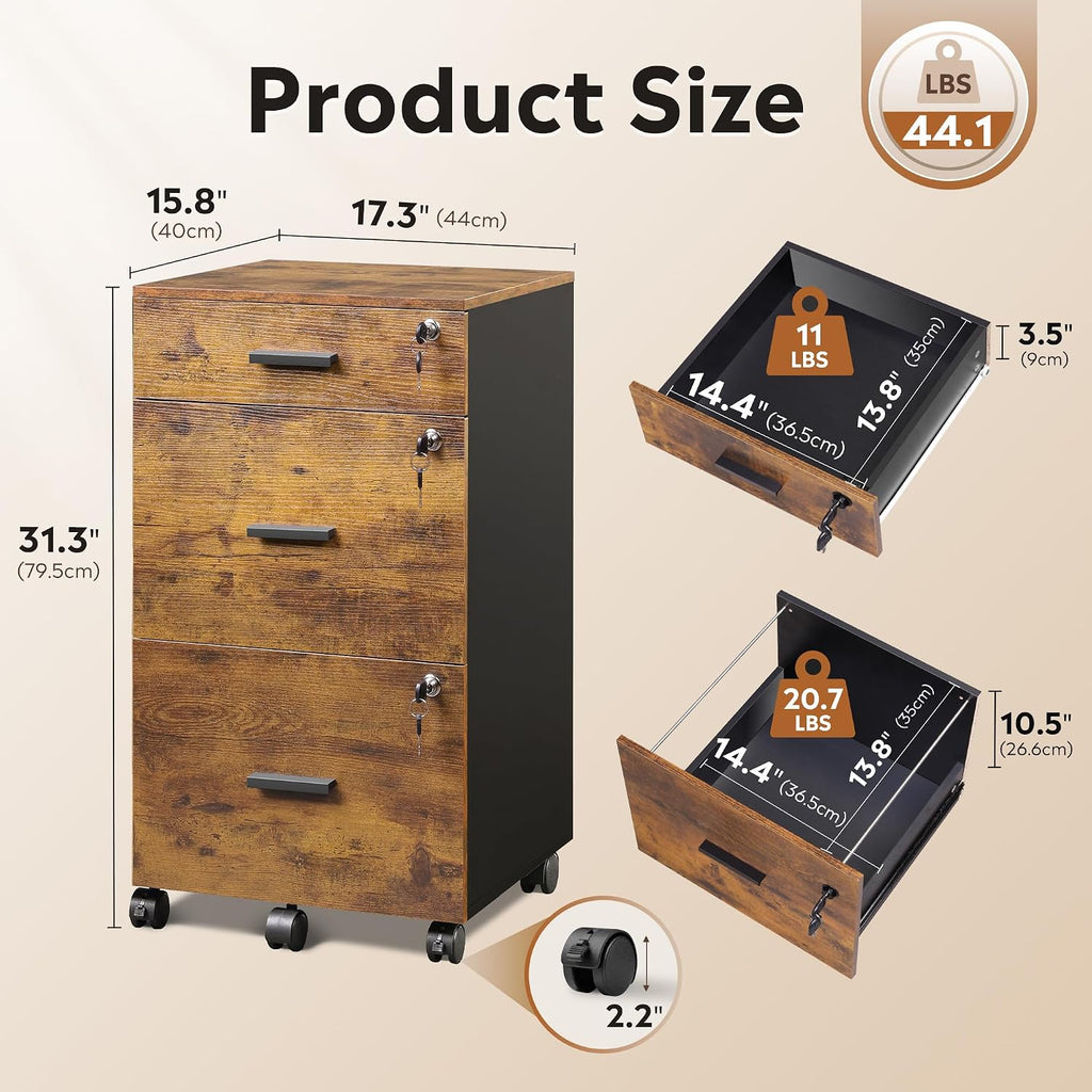 Brown 3-Drawer Locking Wood File Cabinet